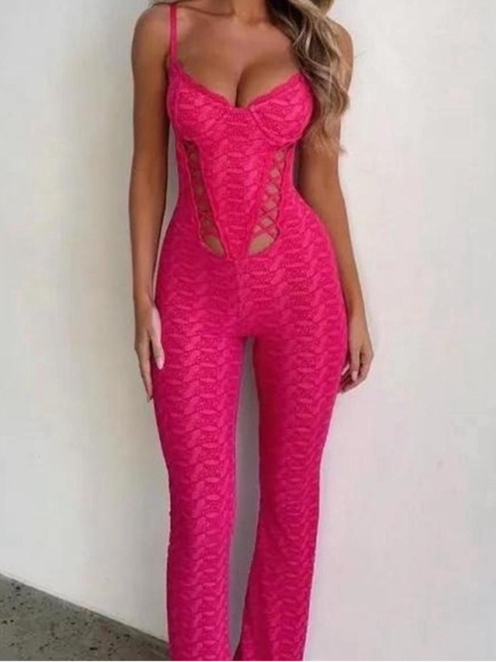 Fuchsia Lace Cutout Jumpsuit with Slim Straps